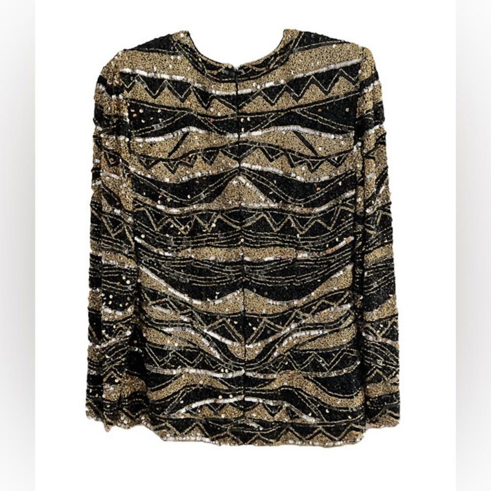 Vintage BLACK TIE OLEG CASSINI Oleg | SZ M | Embellished Beaded Sequin Silk Top - Picture 8 of 11